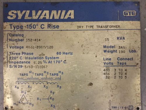 SYLVANIA GTE  152-414 480Vdelta - 208Y/120 Transformer 15kVA 3 Phase