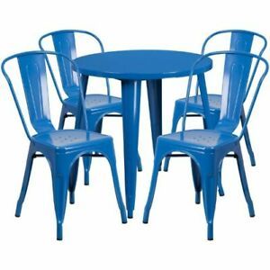 30&#039;&#039; Round Blue Metal Indoor-Outdoor Table Set with 4 Cafe Chairs