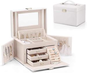 Mirrored Wooden Jewelry Box Organizers For Girls Women Necklaces Earrings Rings