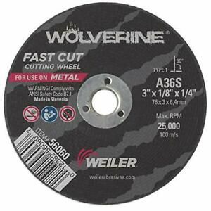 Weiler 56060 3&#034; x 1/8&#034; Wolverine Type 1 Cutting Wheel A36S 1/4&#034; A.H. Pack of 50