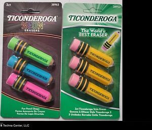 Ticonderoga Pencil Shaped Erasers, 3/Pack, 2 Assorted Packs