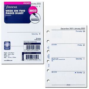 2022 Filofax Pocket Size Refill 22-68221 Week On Two Pages, 81mm x 120mm