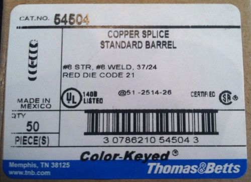 Box of 50 THOMAS &amp; BETTS 54504 Splice, Short Barrel, Red, 8 AWG Low Price!!!