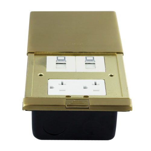 2Gang Push Mult-Function Desk/ Floor Box W/ 20A TR Outlet &amp; RJ45 Ports,Brass