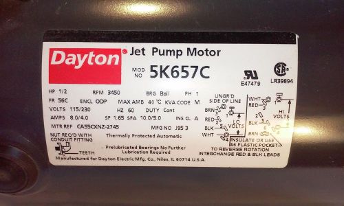 Dayton jet pump motor 5k657c 1/2 hp for sale