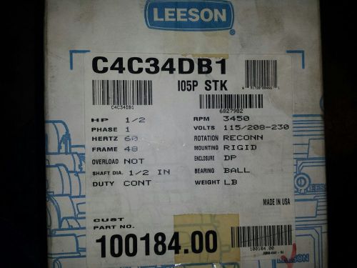 Leeson 100184 Electric Motor, 1/2 HP, 1 PH, New in Box