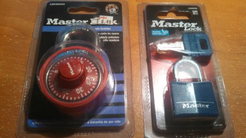 2 master locks - red 3 number dialing combination padlock, blue steel lock w key for sale