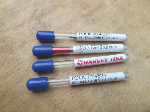 HARVEY TOOL CARBIDE END MILL , .010&#034; BALL AND .031&#034; BALL , LOT OF 4