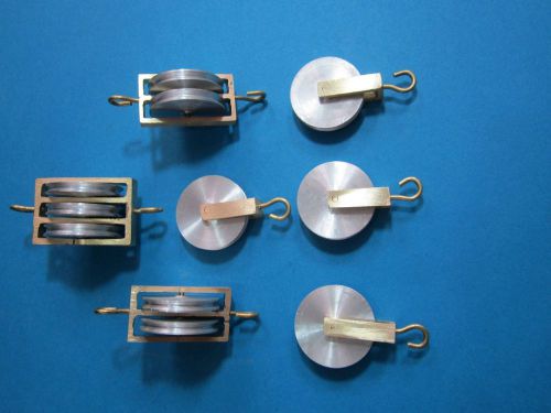 Lot of 7 pulley aluminium  in brass frame - parallel/ in line -physics lab aid for sale