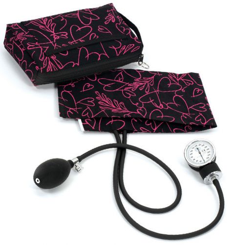 Premium aneroid sphygmomanometer with carry case in pink hearts in black for sale