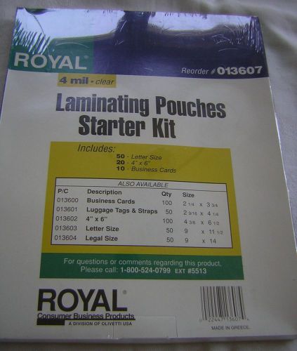 ROYAL 013607 LAMINATING POUCHES STARTER KIT NEW. Includes 50 letter size, 20 4x6