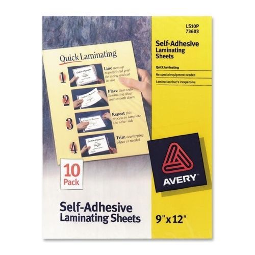 Avery Self-Adhesive Laminating Sheets - 9&#034; W x 12&#034; L - 10 / Pack - Clear