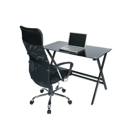 Levv black glass computer  workstation and chair set. for sale