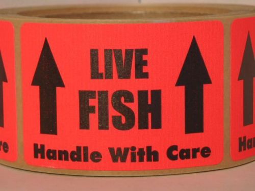 LIVE FISH HANDLE WITH CARE  Stickers Labels fluorescent red bkgd 50 labels