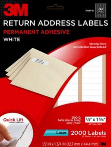 3M RETURN ADDRESS LABELS PERMANENT ADHESIVE WHITE 2000 1/2&#034;X 1 3/4&#034; 3100-Q