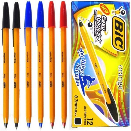 Bic orange fine 0.7mm blue ball point pen easy glide 1dz 12pcs office school for sale