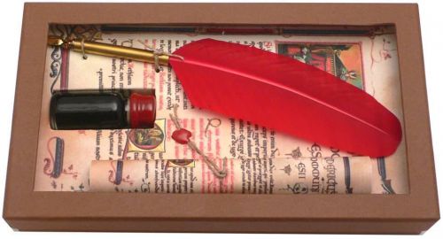 Red medieval feather quill &amp; ink set by coles calligraphy for sale