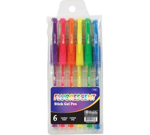 BAZIC Fluorescent Gel Ink Pen with Cushion Grip, Assorted, 6 Per Pack