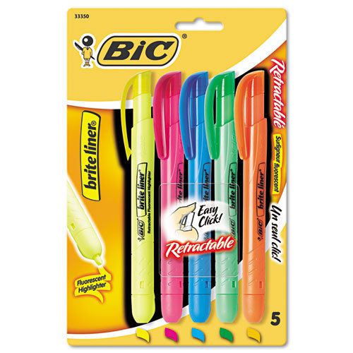 BIC Brite Liner Retractable Highlighters, Chisel Tip, Assorted, 5 Highlighters