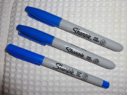 3 SHARPIE Permanent Markers - 1 Ultra Fine Point &amp; 2 Fine Point  - BLUE - New!