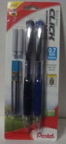 2  Pentel Twist-Erase Side Click Mechanical Pencils BLACK/BLUE BARRELS 0.7mm