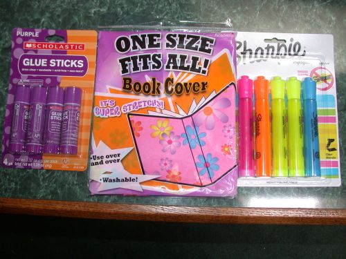 Flower Power Book Cover, 5 Sharpie Highlighters &amp; Purple Glue Sticks Free  Ship!