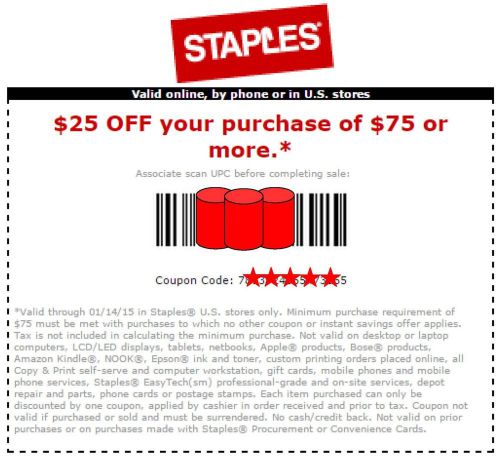 Staples $25 off $75 COUPON - in-store or online (SAME DAY EMAIL / TEXT DELIVERY)