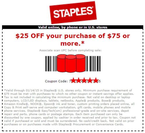 Staples $25 off $75 COUPON - in-store or online (SAME DAY EMAIL / TEXT DELIVERY)