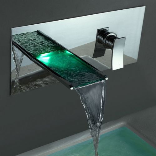 Modern LED Wall-Mounted Waterfall Bathroom Faucet in Chrome Finish Free Shipping