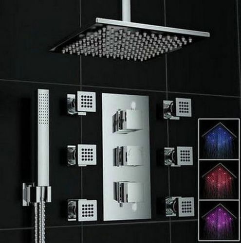Thermostatic LED 3 Color Shower Faucet + Handshower + Massage Jets + Showerhead