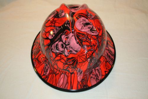 New Custom MSA V-Gard (Full Brim) Hard Hat W/Fas-Trac Ratchet Neon O Mr. Creepy