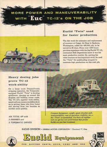 1957 Euclid Model TC-12 Tractor ad, 2 photos/locations, color ad