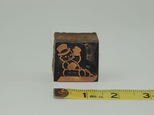 ANTIQUE COPPER &amp; WOOD PRINTING BLOCK - SNOWMAN ON SLED -  COPPER STAMP -