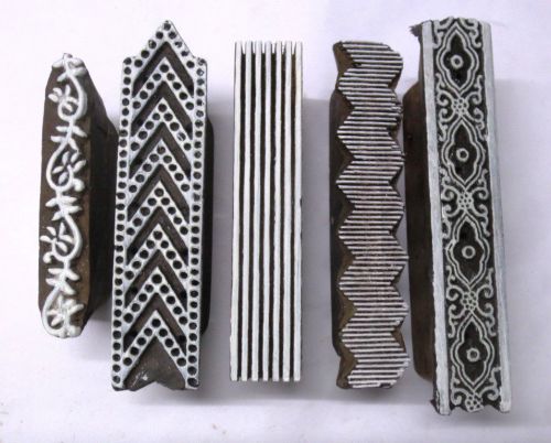 SET OF 5 INDIAN WOODEN HAND CARVED TEXTILE PRINTING FABRIC BLOCK STAMP BORDERS