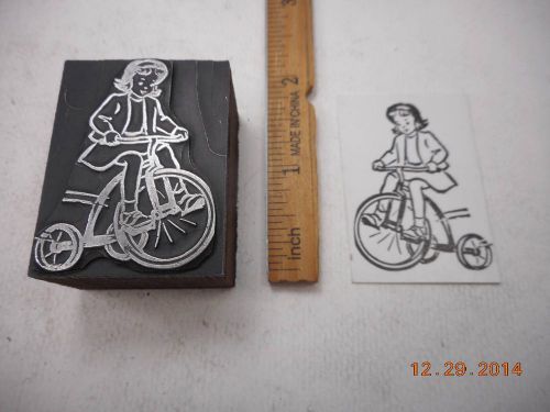 Letterpress Printing Printers Block, Old Fashion Tricycle ridden by Girl