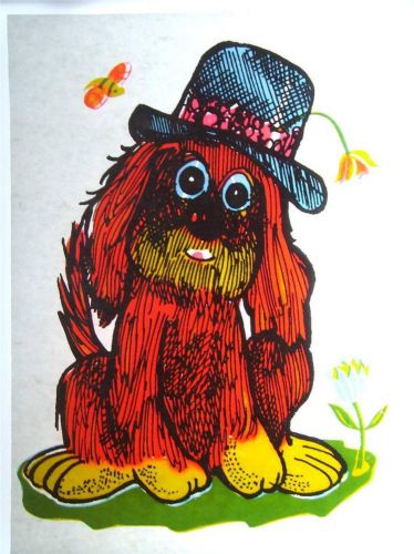 Lot of 12 Vintage 1970&#039;s Day-Glo Orange Heat Transfers ~ Furry Dog with Hat