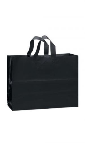 Count of 100 Bags Retail Large Black Frosted Plastic Shopping Bag 16” x 6” x 12”