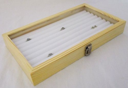 8 ROW TUFTED RING CASE GLASS TOP NATURAL WOOD FOR 100+ RINGS WHITE