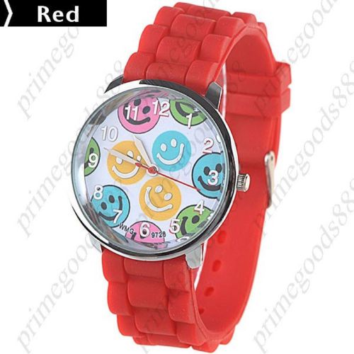 Smile Round Case Analog Rubber Quartz Wrist Wristwatch Women&#039;s Smiley Face Red