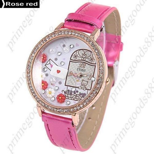 3D Flower Heart Mail PU Leather Lady Ladies Quartz Wristwatch Women&#039;s Rose Red