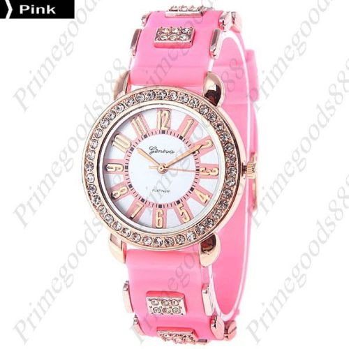 Round Rhinestones Rubber Band Lady Ladies Wrist Quartz Wristwatch Women&#039;s Pink