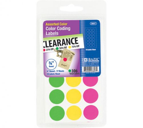 BAZIC Assorted Color 3/4&#034; Round Label (306/Pack), Case of 144