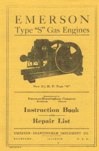 Emerson Type S Gas Engine Motor Instruction Book 2 1/2 hp Manual Flywheel