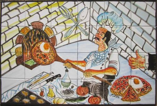 DECORATIVE CERAMIC TILES:MOSAIC PANEL HAND PAINTED KITCHEN WALL MURAL PIZZA CHEF
