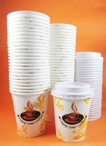 50 Disposable Paper Hot Coffee/ Tea Drinks Cups &amp; Lids 8oz Party Takeaway New