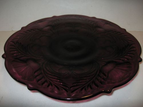 Amethyst purple glass cake serving Plate Platter tray pedestal / thistle pattern