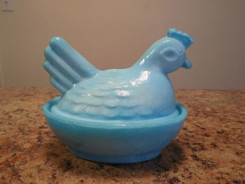 Light Blue Opaque Slag Style Art Glass Hen on Nest Lidded Candy Dish