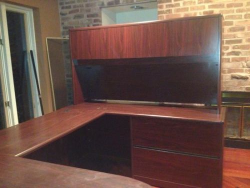 EXECUTIVE U-SHAPED WORK STATION- WRITING DESK, FILE CREDENZA W HUTCH