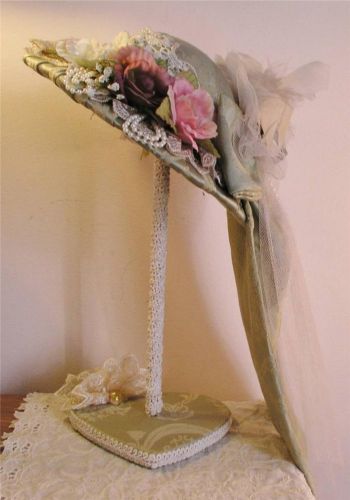 Victorian Style Floral Green Fabric Hat Lace Matching Hat Stand Victorias Garden