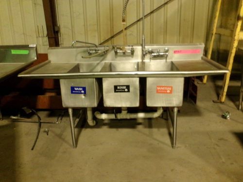 Stainless steel 3-compartment sink with drainboards and sprayer arm for sale